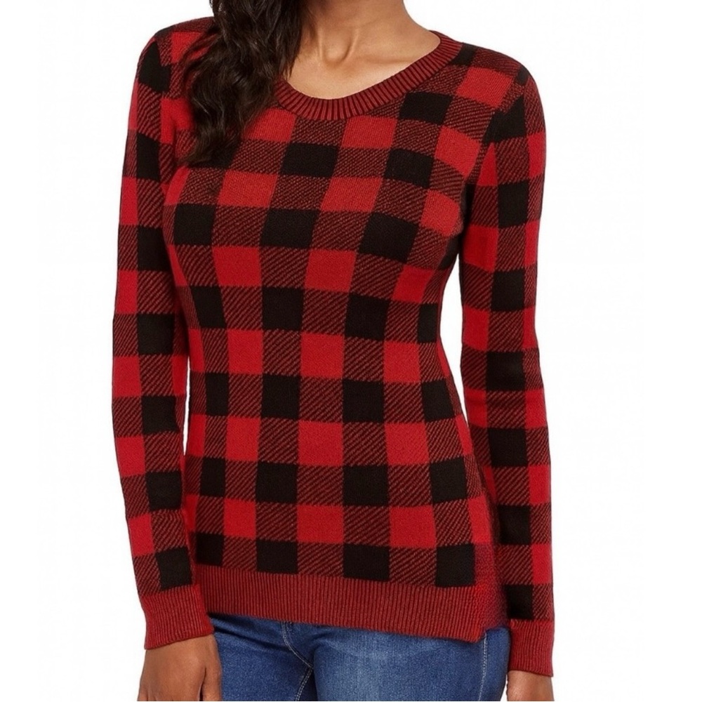 Express Buffalo Plaid Red Black Cozy Cotton Knit Sweater Pullover Top Size M